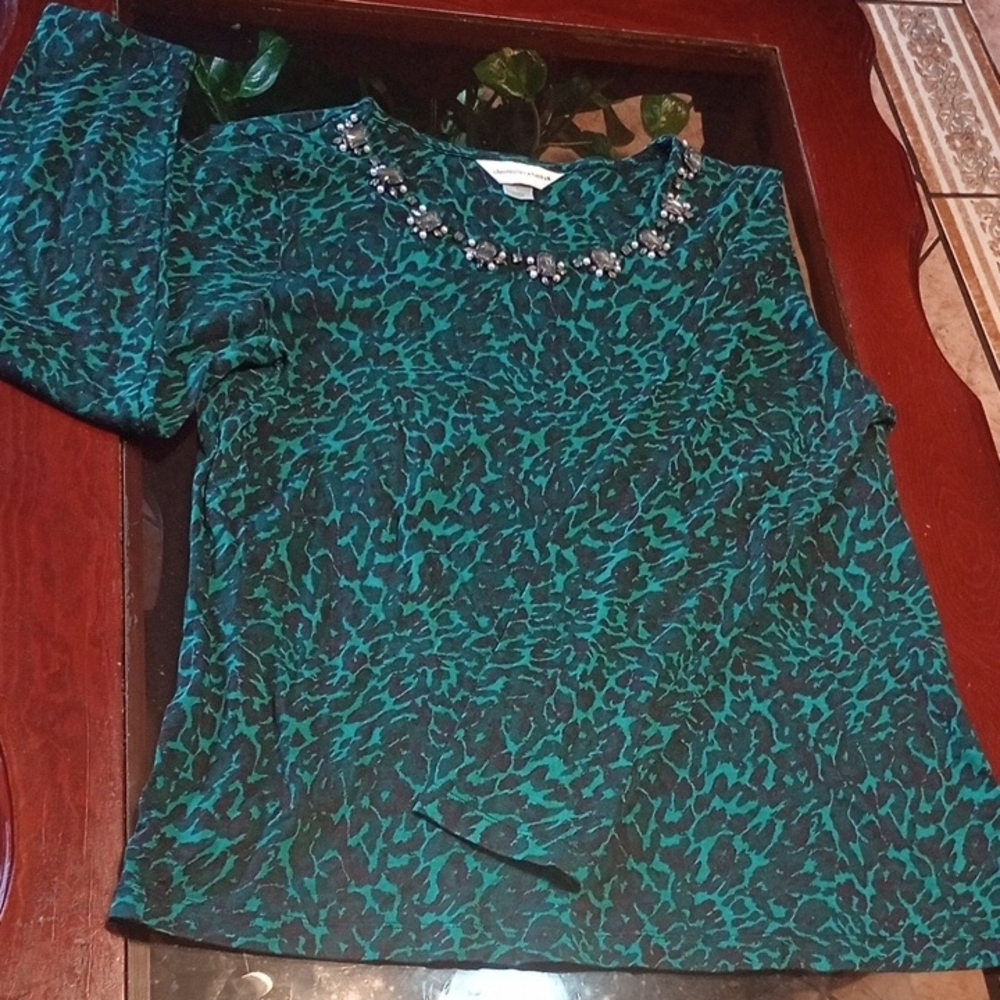 Christopher & Banks Leopard Prints Teal and Black Patterned Top Size L